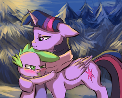 Size: 1500x1200 | Tagged: safe, artist:buttersprinkle, spike, twilight sparkle, alicorn, dragon, pony, g4, baby, baby dragon, blushing, buttersprinkle is trying to murder us, clothes, cold, cute, cutie mark, female, floppy ears, folded wings, hug, male, mama twilight, mare, scarf, spikabetes, spikelove, tree, tsundere, twiabetes, twilight sparkle (alicorn), wings