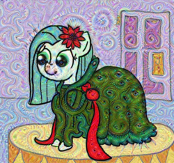 Size: 750x703 | Tagged: safe, artist:ficficponyfic, color edit, edit, edited edit, oc, oc only, oc:emerald jewel, pony, colt quest, alternate color palette, bow, clothes, color, colored, colt, crossdressing, cute, cyoa, deepdream, door, drag queen, dress, eyestrain warning, femboy, flower, flower in hair, male, ribbon, shoes, solo, trap