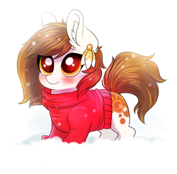 Size: 1481x1458 | Tagged: safe, artist:confetticakez, oc, oc only, oc:raven sun, earth pony, pony, blushing, clothes, female, mare, snow, solo, sweater
