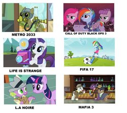 Size: 949x842 | Tagged: safe, artist:brandonale, edit, edited screencap, screencap, maud pie, max raid, pinkie pie, rainbow dash, rarity, spike, twilight sparkle, bloom & gloom, dungeons and discords, equestria girls, g4, may the best pet win, the cutie re-mark, the mysterious mare do well, amputee, artificial wings, augmented, call of duty, call of duty: black ops 3, comparison chart, fifa 17, l.a. noire, life is strange, mafia iii, meme, metro 2033, pest control pony, prosthetic limb, prosthetic wing, prosthetics, video game, wings