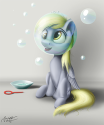 Size: 1000x1200 | Tagged: safe, artist:misiekpl, derpy hooves, pegasus, pony, g4, bubble, female, mare, sitting, solo
