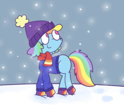 Size: 1418x1230 | Tagged: safe, artist:typhwosion, rainbow dash, pony, g4, clothes, female, looking up, scarf, snow, snowfall, socks, solo, sweater, toque