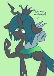Size: 1404x2000 | Tagged: safe, artist:typhwosion, queen chrysalis, changeling, changeling queen, g4, female, green background, haircut, raised hoof, simple background, solo, talking