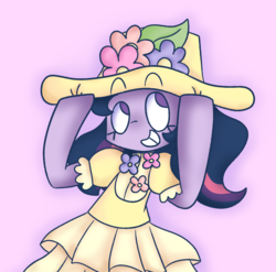Size: 1199x1187 | Tagged: safe, artist:typhwosion, twilight sparkle, semi-anthro, g4, clothes, dress, female, flower, hat, smiling, solo