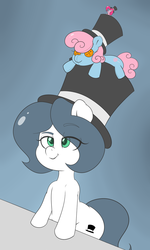 Size: 1152x1920 | Tagged: safe, artist:matitas, pinkie pie, oc, oc:hattsy, pony, g4, bipedal, bipedal leaning, hat, leaning, lidded eyes, looking up, plushie, raised eyebrow, top hat