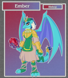 Size: 1688x1950 | Tagged: safe, artist:brownie-bytes, princess ember, dragon, anthro, g4, bishop, bloodstone scepter, claws, clothes, crossover, dragon wings, dragoness, female, final fantasy, horns, solo, spread wings, text, wings