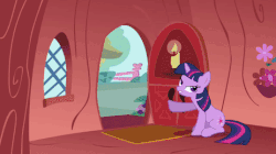 Size: 463x260 | Tagged: safe, screencap, carrot top, golden harvest, pinkie pie, twilight sparkle, pony, g4, the ticket master, animated, female, gif, golden oaks library, the ticket song