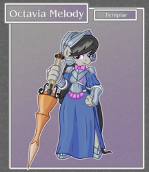 Size: 1688x1950 | Tagged: safe, artist:brownie-bytes, octavia melody, earth pony, anthro, unguligrade anthro, g4, armor, clothes, crossover, digital art, female, final fantasy, helmet, lance, mare, solo, templar, weapon