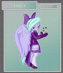 Size: 1688x1950 | Tagged: safe, artist:brownie-bytes, flitter, pegasus, anthro, unguligrade anthro, g4, bow, clothes, crossover, dice, female, final fantasy, gambler, hair bow, looking at you, solo, stockings, thigh highs