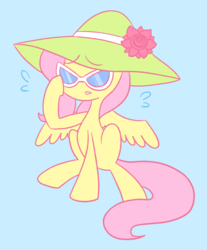 Size: 1042x1259 | Tagged: safe, artist:typhwosion, fluttershy, pony, g4, blue background, female, hat, open mouth, simple background, sitting, solo, spread wings, sun hat, sweat, sweatdrops