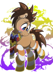Size: 905x1280 | Tagged: safe, artist:theobrobine, doctor whooves, time turner, pony, g4, blushing, clothes, doctor who, male, scarf, socks, solo, sonic screwdriver, stallion, striped socks
