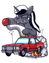 Size: 2584x3296 | Tagged: safe, artist:sketchywolf-13, oc, oc only, oc:chrome thunder, pony, car, commission, high res, plymouth, plymouth volare, rat fink, solo, traditional art