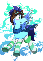 Size: 905x1280 | Tagged: safe, artist:theobrobine, soarin', pony, g4, aviator goggles, aviator hat, blushing, clothes, goggles, hat, male, scarf, socks, solo, spread wings, striped socks