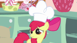 Size: 445x250 | Tagged: safe, screencap, apple bloom, pinkie pie, pony, call of the cutie, g4, season 1, animated, chef's hat, cupcake song, female, food, gif, hat, kitchen, lemon