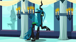 Size: 1280x720 | Tagged: safe, screencap, queen chrysalis, changeling, changeling queen, a canterlot wedding, g4, candle, cloud, female, lidded eyes, raised hoof, solo, spread wings