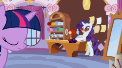 Size: 445x250 | Tagged: safe, screencap, rarity, twilight sparkle, pony, unicorn, season 1, suited for success, animated, art of the dress, clothes, dress, female, frazzled, gala dress, gif, ponyquin, sewing, sewing machine, unicorn twilight