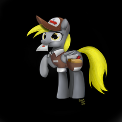 Size: 2000x2000 | Tagged: safe, artist:humbertomena, artist:rainbowdash, derpy hooves, pegasus, pony, g4, black background, cap, female, hat, high res, mail, mailbag, mailmare, mare, simple background, solo