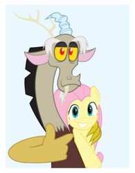 Size: 3346x4291 | Tagged: safe, artist:hoodie-stalker, discord, fluttershy, draconequus, pegasus, pony, g4, bipedal, duo, female, high res, hug, looking at you, male, mare, photo, pointing, side hug, simple background, teeth, thumbs up, vector