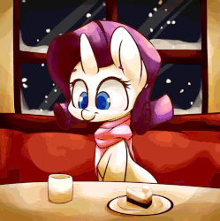 Size: 700x702 | Tagged: safe, artist:luxaestas, rarity, pony, unicorn, g4, animated, cake, clothes, cup, cute, drinking, female, food, gif, glowing horn, horn, magic, mare, raribetes, scarf, smiling, snow, solo, telekinesis