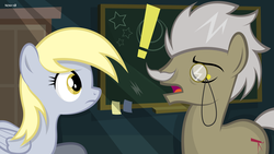 Size: 1920x1080 | Tagged: safe, artist:noah-x3, derpy hooves, oc, earth pony, pony, g4, chalkboard, exclamation point, facial hair, male, moustache, show accurate, stallion