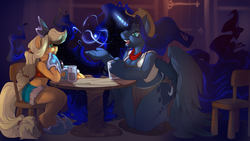 Size: 4266x2399 | Tagged: safe, artist:noben, applejack, princess luna, anthro, unguligrade anthro, g4, accessory swap, bandana, bar, bracer, chair, cider, clothes, clothes swap, cowboy hat, crown, cup, daisy dukes, date, ethereal mane, female, hat, high res, horseshoes, jewelry, kneeling, lesbian, loincloth, magic, regalia, ship:lunajack, shipping, shorts, sitting, size difference, spread wings, stetson, table, vest