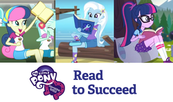 Size: 948x562 | Tagged: safe, edit, edited screencap, screencap, bon bon, lyra heartstrings, sci-twi, sweetie drops, trixie, twilight sparkle, equestria girls, g4, my little pony equestria girls: legend of everfree, book, bookhorse, my little pony logo, reading, that pony sure does love books