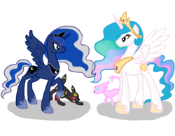 Size: 2192x1700 | Tagged: safe, artist:horsefan999, princess celestia, princess luna, espeon, umbreon, g4, gritted teeth, looking at each other, pokémon, raised hoof, simple background, smiling, spread wings, transparent background