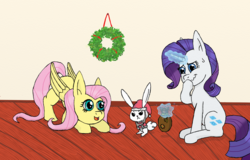 Size: 1300x830 | Tagged: safe, artist:eulicious, angel bunny, fluttershy, rarity, g4, christmas, clothes, collar, costume, magic, santa costume