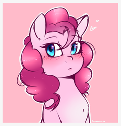 Size: 1024x1065 | Tagged: safe, artist:shellydreams, pinkie pie, earth pony, pony, g4, blushing, bust, chest fluff, cute, diapinkes, female, heart, mare, pink background, portrait, simple background, solo