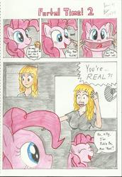 Size: 1609x2338 | Tagged: safe, artist:brianchoobrony-artie, pinkie pie, human, g4, andrea libman, boop, comic, forced smile, microphone, open mouth, portal, shocked, signature, smiling, tongue out, traditional art