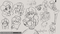Size: 1920x1080 | Tagged: safe, artist:burning-heart-brony, pinkie pie, trixie, twilight sparkle, equestria girls, g4, angry, book, chibi, crying, cupcake, emotions, expressions, female, fist, food, glasses, grayscale, happy, heart, ice cream, licking, moaning, monochrome, nerd, pencil, pointing, puzzled, reading, sad, sign, sketch, sketch dump, surprised, that pony sure does love cupcakes, tongue out, upset