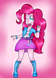 Size: 2221x3078 | Tagged: safe, artist:cosmiickatie, pinkie pie, equestria girls, g4, boots, bracelet, breasts, clothes, cute, female, high heel boots, high heels, high res, jewelry, one eye closed, open mouth, skirt, smiling, solo, wink