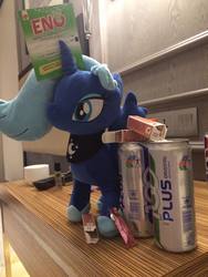 Size: 720x960 | Tagged: safe, artist:bradleysigar, photographer:bradleysigar, princess luna, g4, 100 plus, can, drink, eno, irl, malaysia, photo, plushie, soda, this will end in diet coke with mentos, this will end in tears