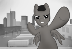 Size: 2952x2008 | Tagged: safe, artist:oinktweetstudios, pegasus, pony, city, grayscale, high res, monochrome, muhammad ali, ponified, solo