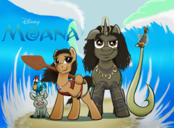 Size: 2632x1944 | Tagged: safe, artist:oinktweetstudios, bird, chicken, earth pony, pig, pony, unicorn, brown mane, brown tail, crossover, hei hei the rooster, hook, jewelry, maui, moana, moana waialiki, necklace, oar, ponified, pua (moana), rooster, tail, tattoo
