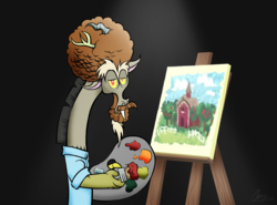 Size: 2732x2018 | Tagged: safe, artist:oinktweetstudios, discord, draconequus, g4, what about discord?, afro, applejack's barn, beard, black background, bob ross, clothes, draconiross, facial hair, fangs, looking at you, male, paint, paintbrush, painting, shirt, signature, simple background, solo, wood