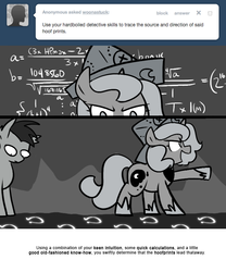 Size: 666x800 | Tagged: safe, artist:egophiliac, princess luna, oc, oc:frolicsome meadowlark, bat pony, pony, moonstuck, g4, calculating, cartographer's cap, fancy mathematics, filly, grayscale, hat, hoofprints, math, monochrome, pointing, woona, woonoggles, younger