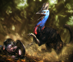 Size: 1400x1200 | Tagged: safe, artist:assasinmonkey, oc, oc only, cassowary, griffon, original species, pony, first contact war, armor, crying, imminent death, monster, scared, shield