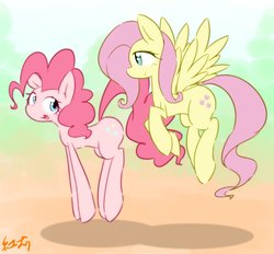 Size: 2493x2315 | Tagged: safe, artist:akainu_pony, fluttershy, pinkie pie, g4, flying, high res, pronking