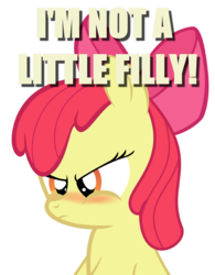 Size: 720x921 | Tagged: artist needed, safe, apple bloom, pony, g4, adorabloom, angry, blatant lies, blushing, cute, denial, female, filly, image macro, meme, pouting, solo, tsundere bloom