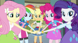 Size: 644x360 | Tagged: safe, screencap, applejack, fluttershy, pinkie pie, rainbow dash, rarity, equestria girls, g4, animated, female, gif, humane five, looking at you