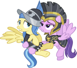 Size: 4768x4212 | Tagged: safe, artist:ironm17, clear skies, commander hurricane, private pansy, sunshower, pegasus, pony, g4, hearth's warming eve (episode), absurd resolution, armor, carrying, clothes, duo, female, flying, helmet, mare, simple background, transparent background, vector