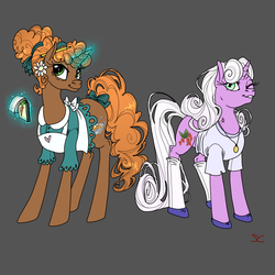 Size: 2000x2000 | Tagged: safe, artist:sourcherry, oc, oc only, oc:carrot stew, oc:winterberry, pony, unicorn, fallout equestria, clothes, curly hair, high res, shoes