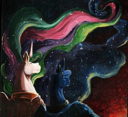 Size: 3505x3190 | Tagged: safe, artist:miidniightsuun, princess celestia, princess luna, alicorn, horse, pony, g4, abstract background, acrylic painting, duo, ethereal mane, female, high res, mare, royal sisters, starry mane, traditional art