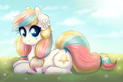 Size: 1286x857 | Tagged: safe, artist:confetticakez, oc, oc only, oc:lux, earth pony, pony, cute, female, field, looking at you, mare, ocbetes, solo, sweet dreams fuel