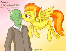 Size: 2724x2112 | Tagged: safe, artist:dsp2003, artist:lalieri, spitfire, oc, oc:anon, human, pegasus, pony, g4, blushing, collaboration, comic, cute, cutefire, ear fluff, engrish, female, high res, human fetish, human male, licking, male, mare, misspelling, oblivious, reversed gender roles equestria, single panel, spread wings, tongue out, underhoof
