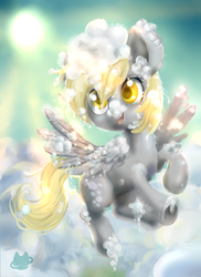 Size: 4800x6600 | Tagged: safe, artist:cosmocatcrafts, derpy hooves, pegasus, pony, g4, absurd resolution, bubble, cloud, cute, derpabetes, female, fluffy, flying, mare, solo, sun, underhoof