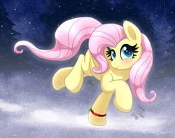 Size: 1900x1500 | Tagged: safe, artist:joakaha, fluttershy, pony, g4, blushing, bracelet, colored pupils, cute, female, folded wings, forest, galloping, jewelry, looking at you, raised hoof, shyabetes, signature, smiling, snow, snowfall, solo, turned head