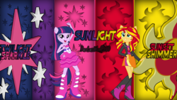 Size: 1280x720 | Tagged: safe, artist:darkaxwolf360, sunset shimmer, twilight sparkle, equestria girls, g4, my little pony equestria girls, boots, cutie mark, fall formal outfits, female, high heel boots, lesbian, ship:sunsetsparkle, shipping, wallpaper