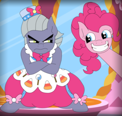 Size: 1191x1128 | Tagged: dead source, safe, artist:faitheverlasting, limestone pie, pinkie pie, earth pony, pony, g4, carousel boutique, clothes, crossed hooves, dress, female, gala dress, glare, grin, limestone pie is not amused, makeover, siblings, sisters, smiling, unamused